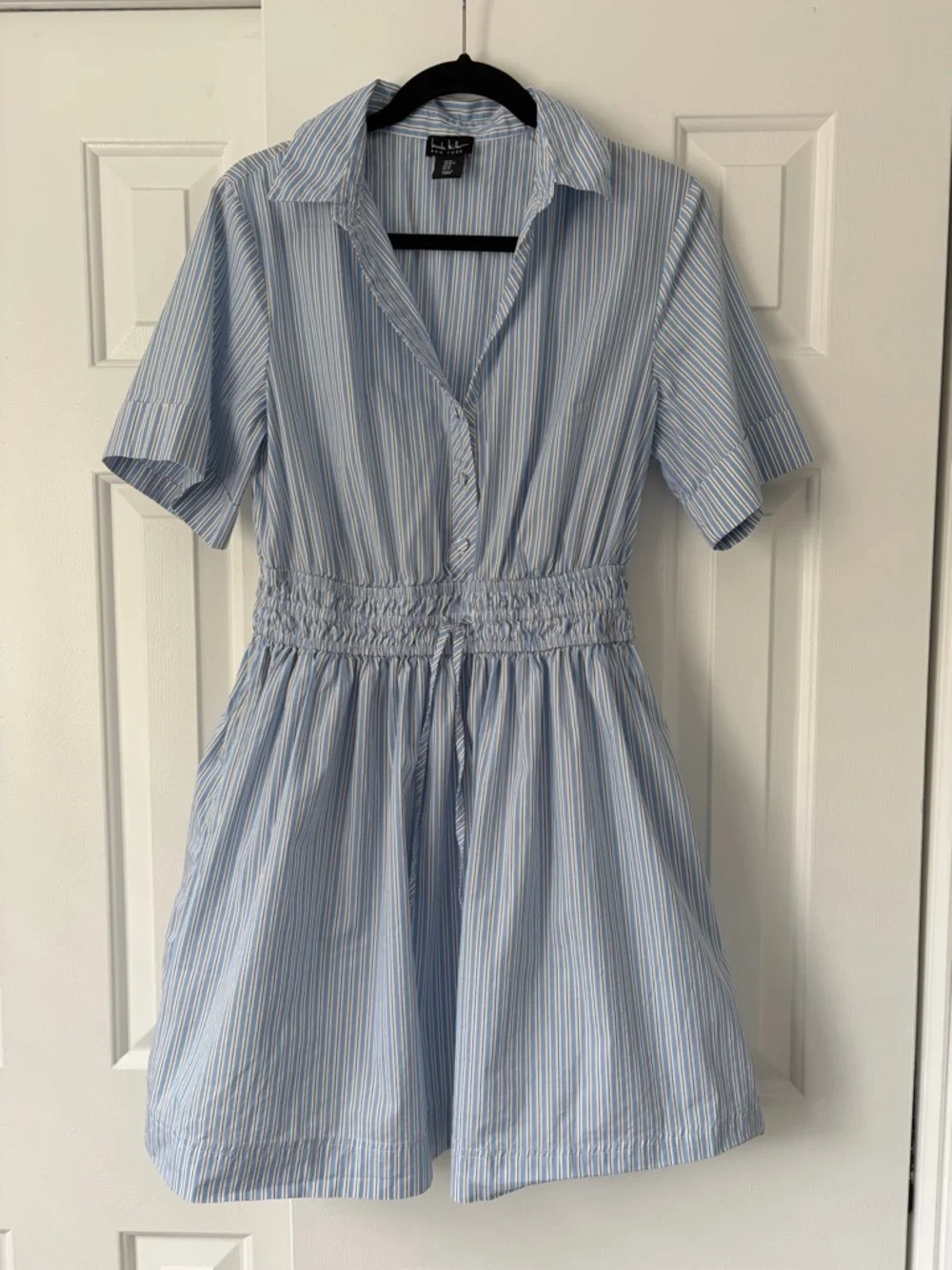 Nicole Miller Light Blue & White Striped Smocked-Waist Mini Dress - Picture 1 of 2